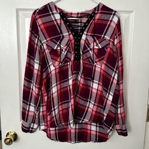 Express Laced Up Plaid Oversized Top Size L